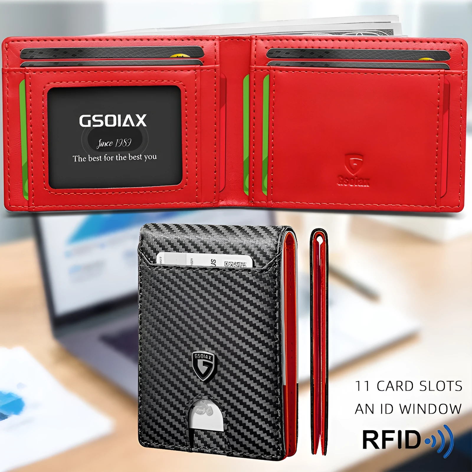 Men's carbon fibre business card holder with anti-theft RFID blocking, available in multiple colours including black and red