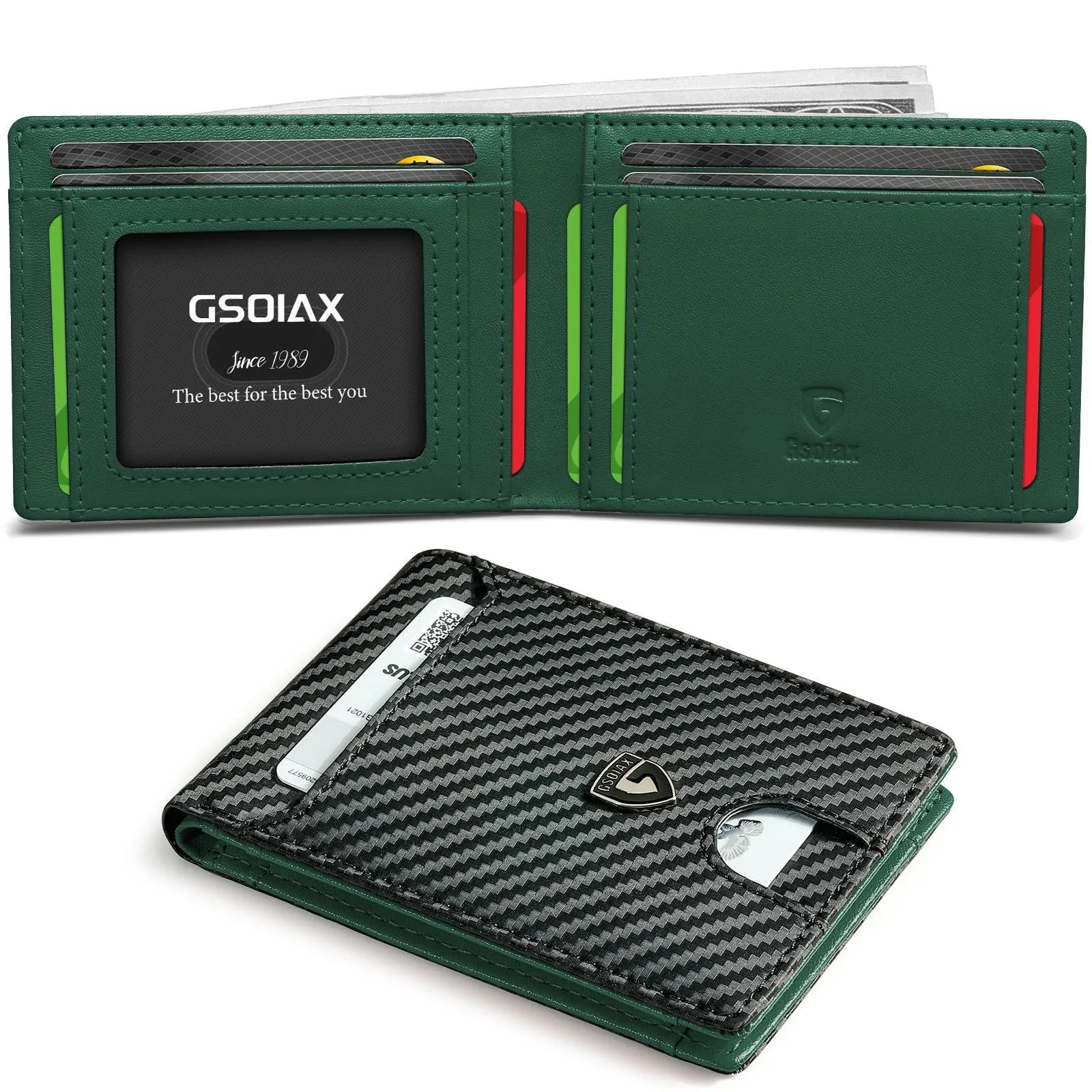 Men's carbon fibre business card holder with anti-theft RFID blocking, available in multiple colours including black and red