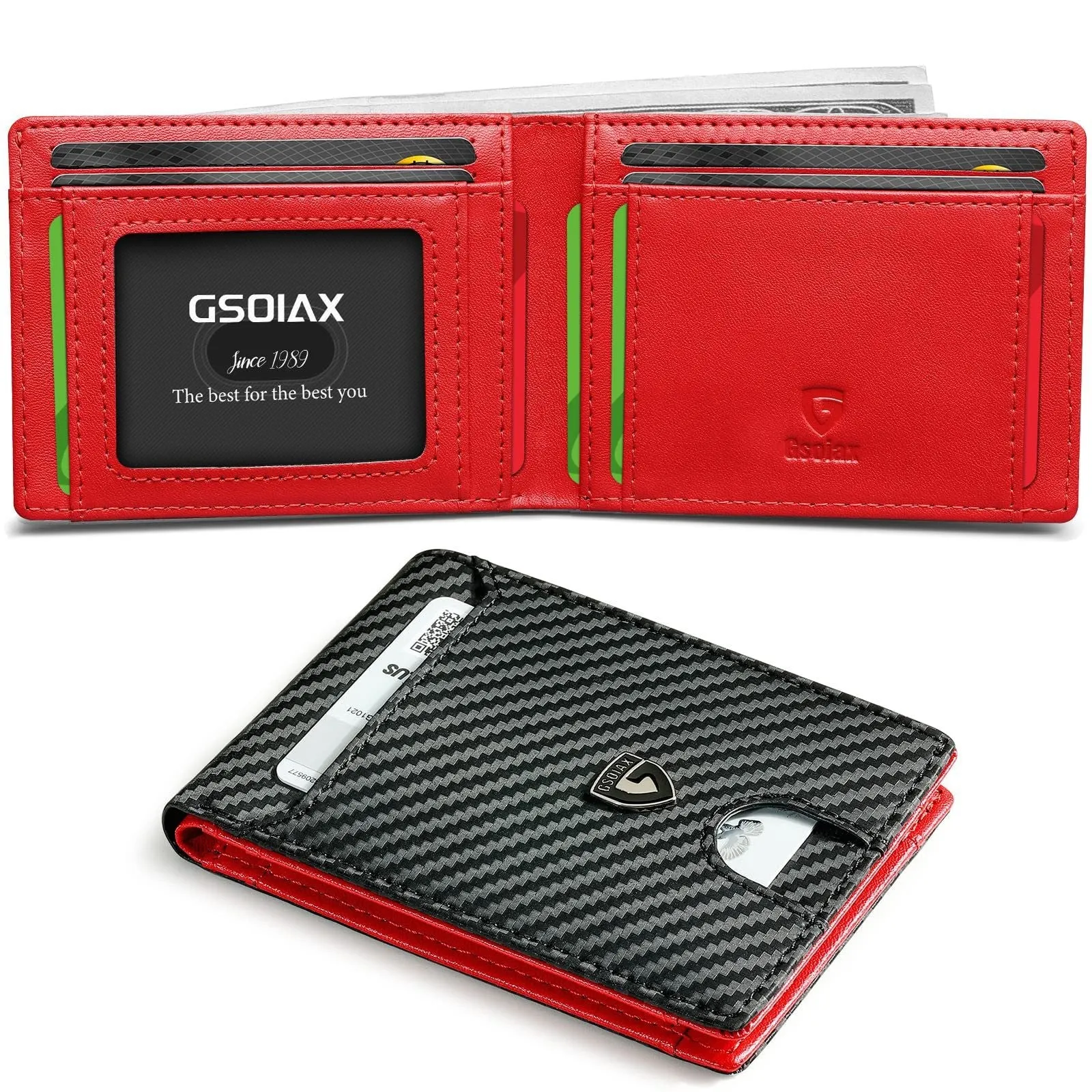 Men's carbon fibre business card holder with anti-theft RFID blocking, available in multiple colours including black and red