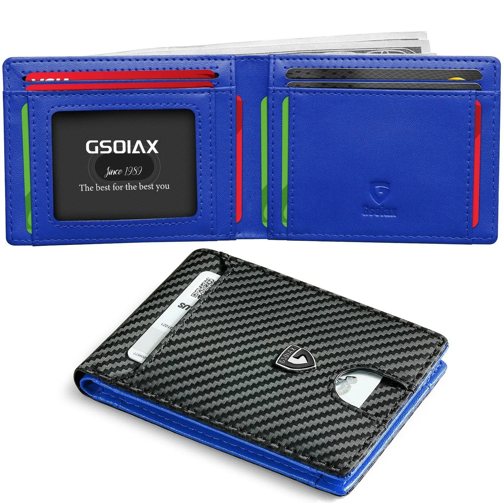 Men's carbon fibre business card holder with anti-theft RFID blocking, available in multiple colours including black and red