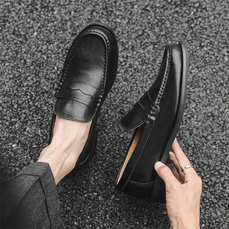 Men's black casual slip-on leather shoes with soft bottom and sewing line detail on a clean background