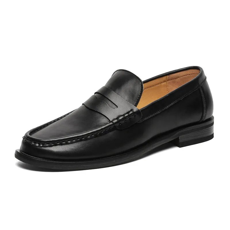 Men's black casual slip-on leather shoes with soft bottom and sewing line detail on a clean background