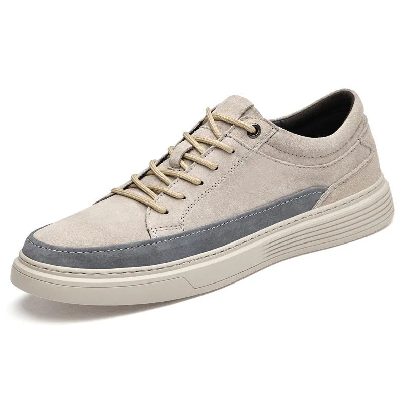 Men's grey pigskin leather casual skate shoes with round toe and flat rubber sole on a light background.
