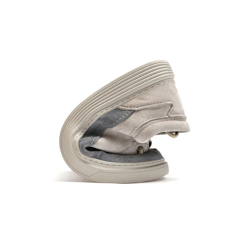 Men's grey pigskin leather casual skate shoes with round toe and flat rubber sole on a light background.