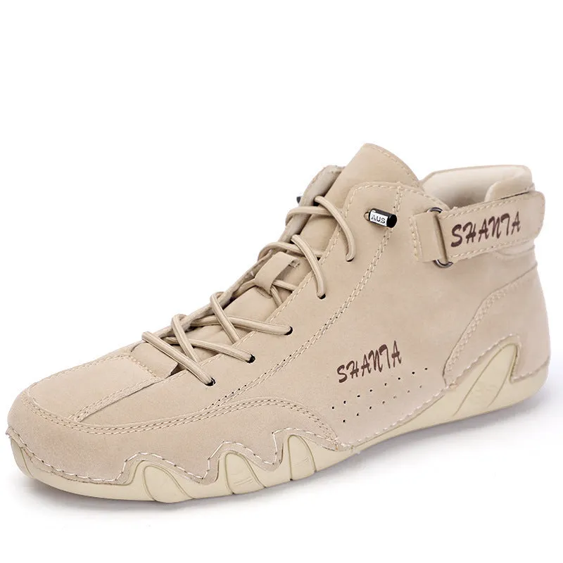 Men's high-top Martin boots in solid colour with frosted finish, flat heel, leather lining, black example