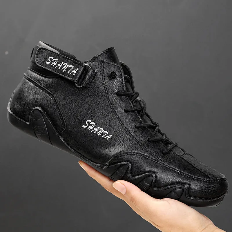 Men's high-top Martin boots in solid colour with frosted finish, flat heel, leather lining, black example