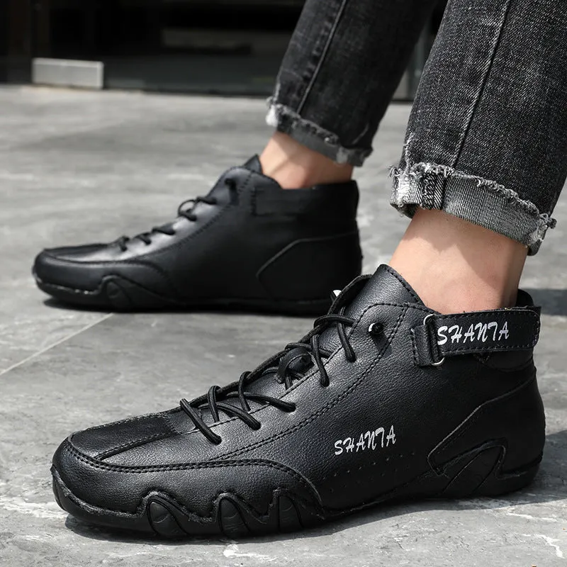 Men's high-top Martin boots in solid colour with frosted finish, flat heel, leather lining, black example