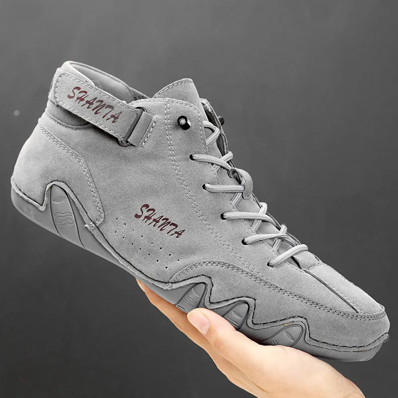 Men's high-top Martin boots in solid colour with frosted finish, flat heel, leather lining, black example