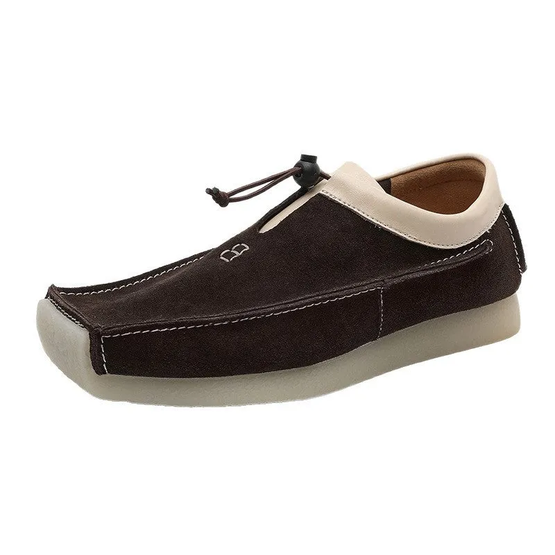 Casual plus size high-top loafers for men in beige suede leather with lace-up closure and rubber sole