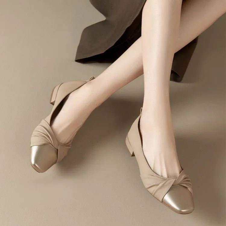 Women's casual PU leather loafers in beige gold with low flat heel, side view