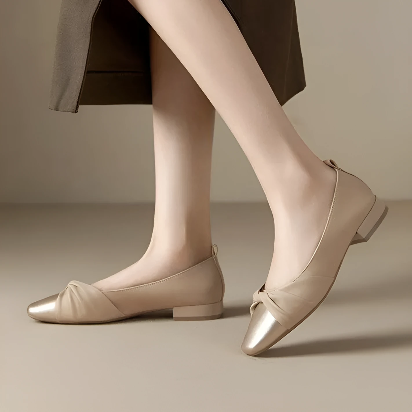 Women's casual PU leather loafers in beige gold with low flat heel, side view