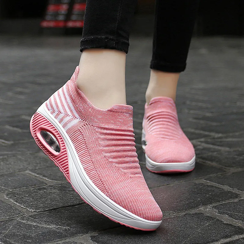 Platform slip-on rocking shoes for women, Flyknit upper, round toe, available in purple, black, pink, dark gray, and brown