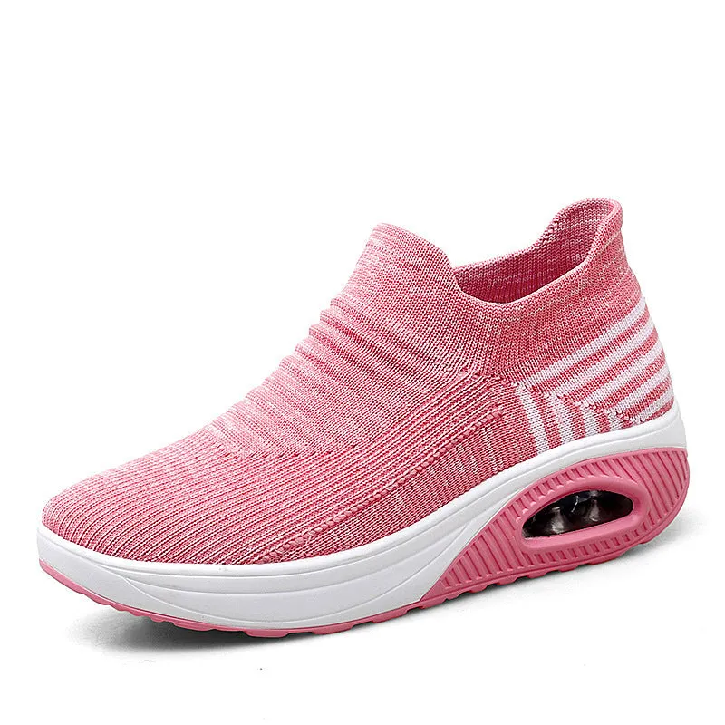 Platform slip-on rocking shoes for women, Flyknit upper, round toe, available in purple, black, pink, dark gray, and brown