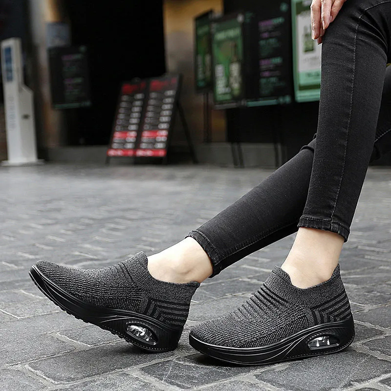 Platform slip-on rocking shoes for women, Flyknit upper, round toe, available in purple, black, pink, dark gray, and brown