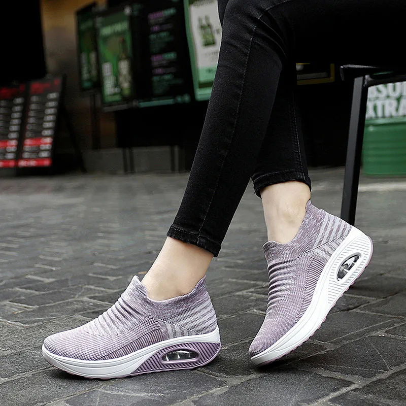Platform slip-on rocking shoes for women, Flyknit upper, round toe, available in purple, black, pink, dark gray, and brown