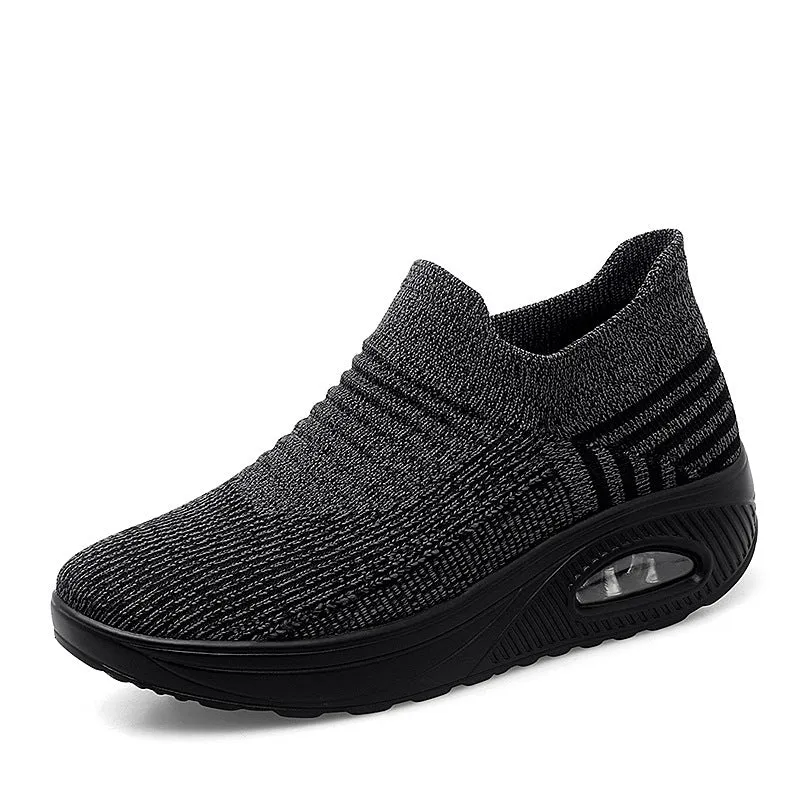 Platform slip-on rocking shoes for women, Flyknit upper, round toe, available in purple, black, pink, dark gray, and brown