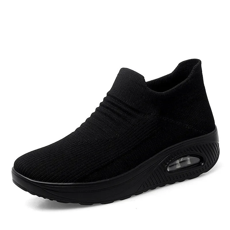 Platform slip-on rocking shoes for women, Flyknit upper, round toe, available in purple, black, pink, dark gray, and brown