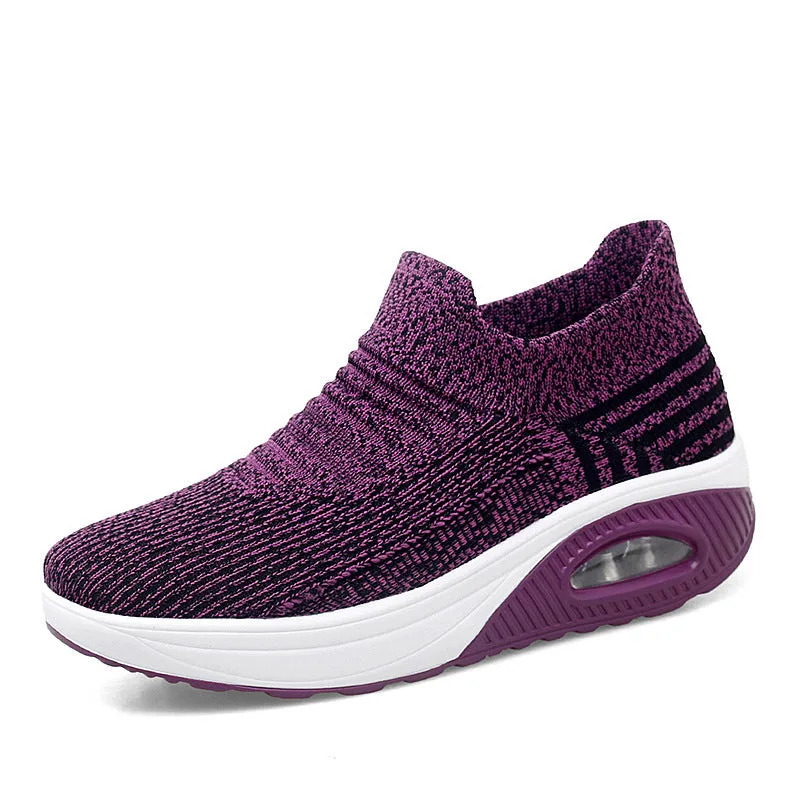 Platform slip-on rocking shoes for women, Flyknit upper, round toe, available in purple, black, pink, dark gray, and brown