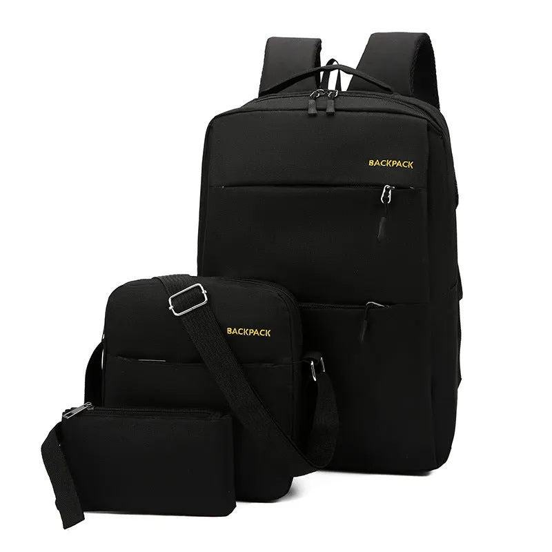 Men's solid colour three-piece nylon laptop bag set with USB charging port on exterior.