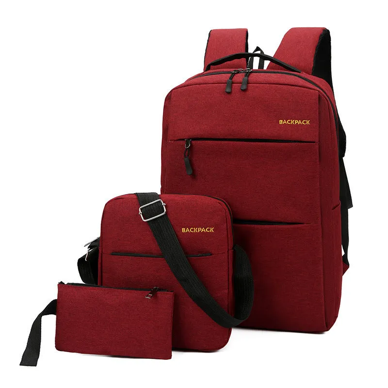 Men's solid colour three-piece nylon laptop bag set with USB charging port on exterior.