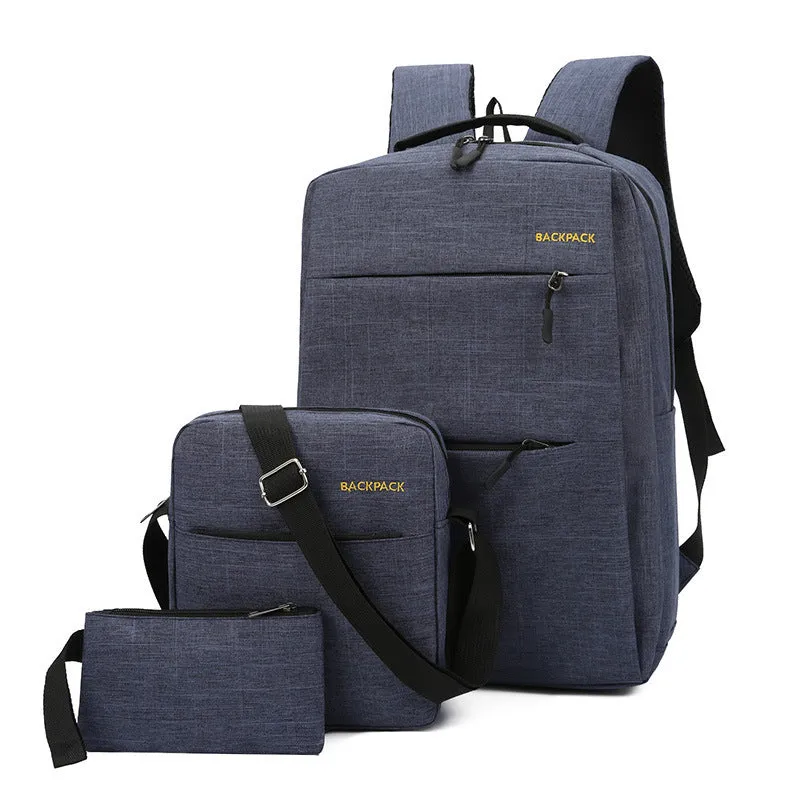 Men's solid colour three-piece nylon laptop bag set with USB charging port on exterior.