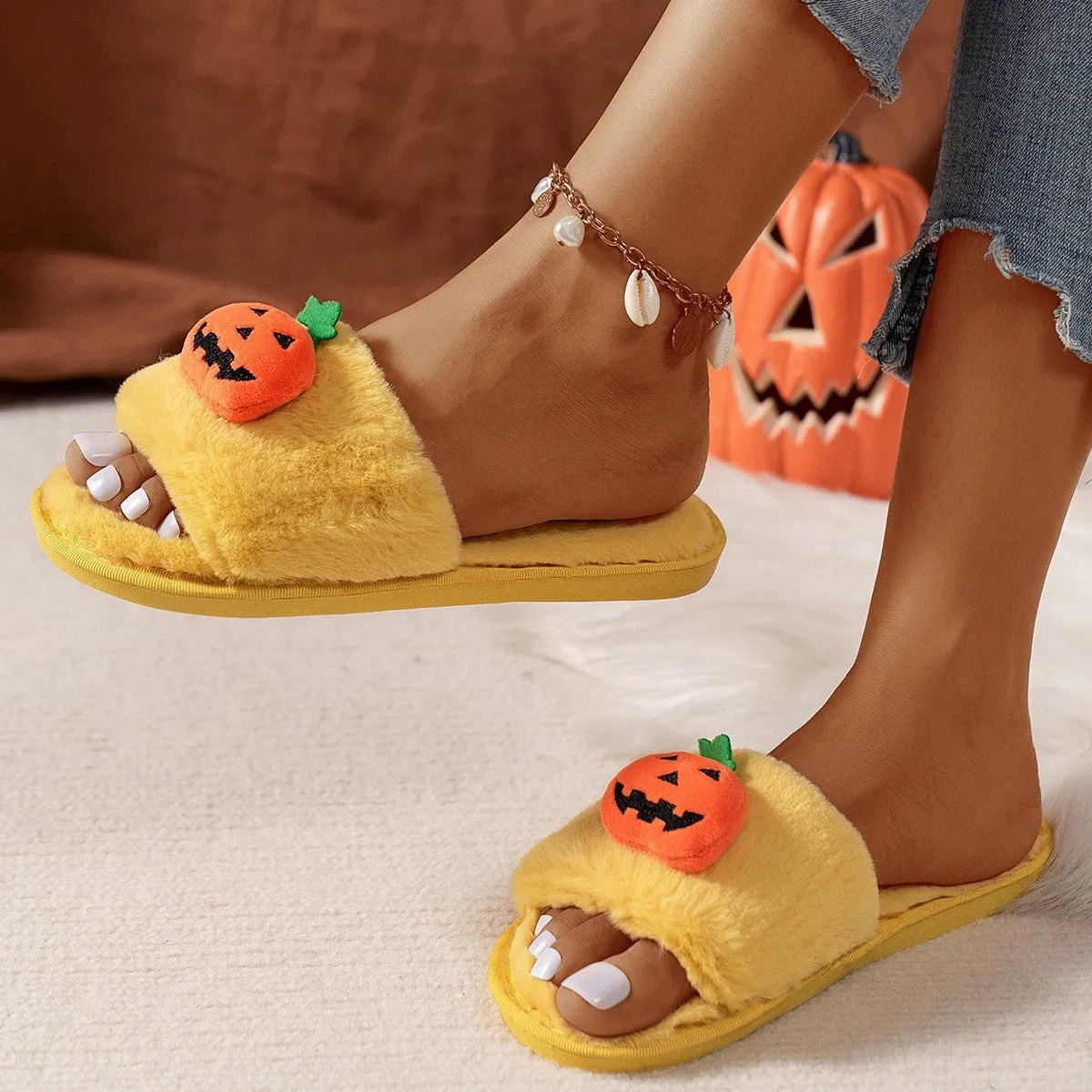 Yellow Halloween pumpkin plush open-toe slippers with synthetic fur and anti-slip PVC soles
