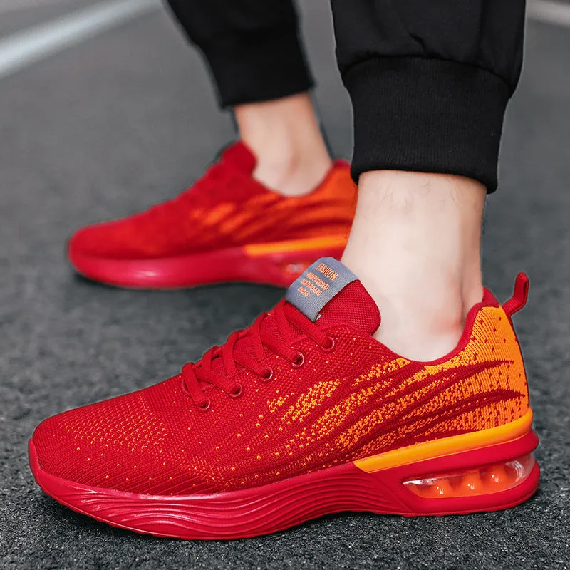 Men's air cushion casual running shoes in black and red with flyknit upper and wedge heel on white background