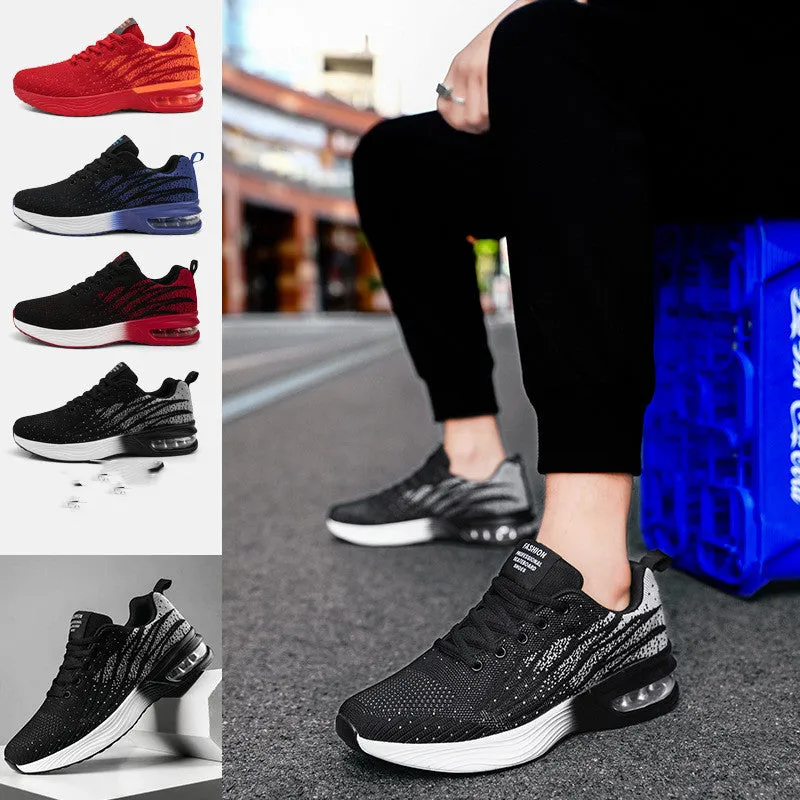 Men's air cushion casual running shoes in black and red with flyknit upper and wedge heel on white background