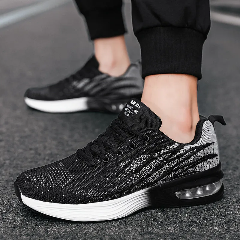Men's air cushion casual running shoes in black and red with flyknit upper and wedge heel on white background