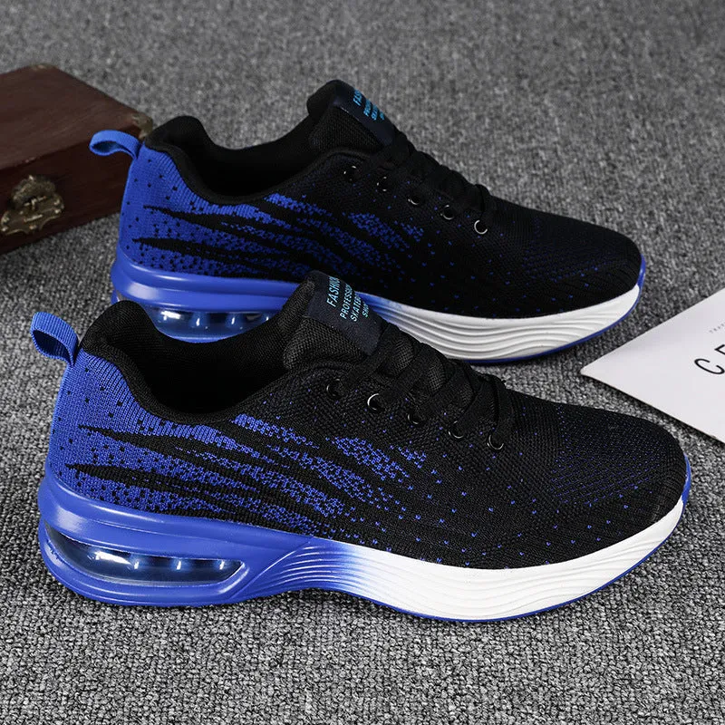 Men's air cushion casual running shoes in black and red with flyknit upper and wedge heel on white background