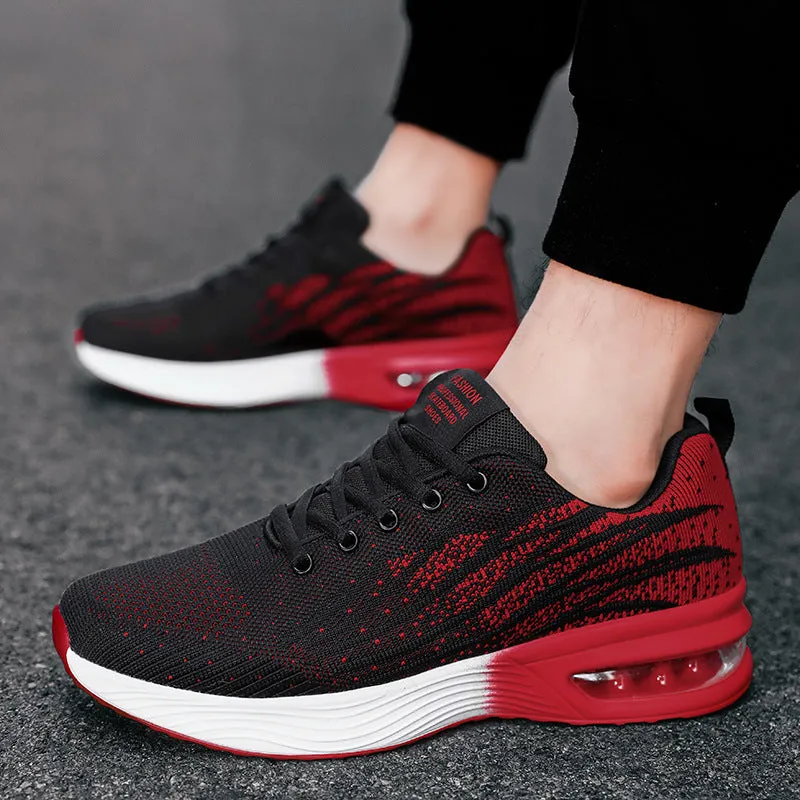Men's air cushion casual running shoes in black and red with flyknit upper and wedge heel on white background