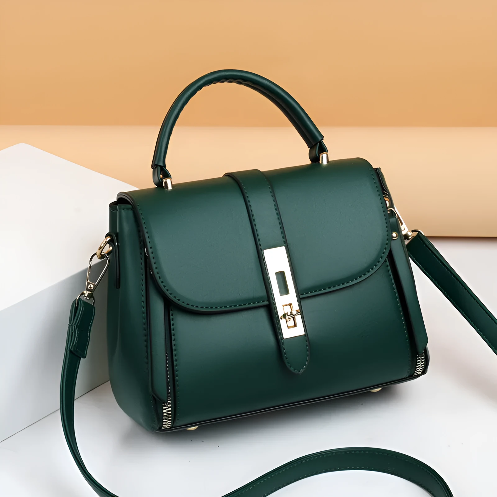 Women's soft PU leather messenger bag in square vertical design with shoulder strap
