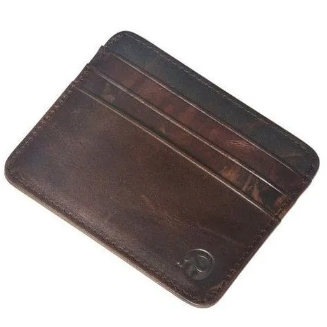 Genuine leather magic wallet in brown, open to show 27 card slots, money clip, and ID window