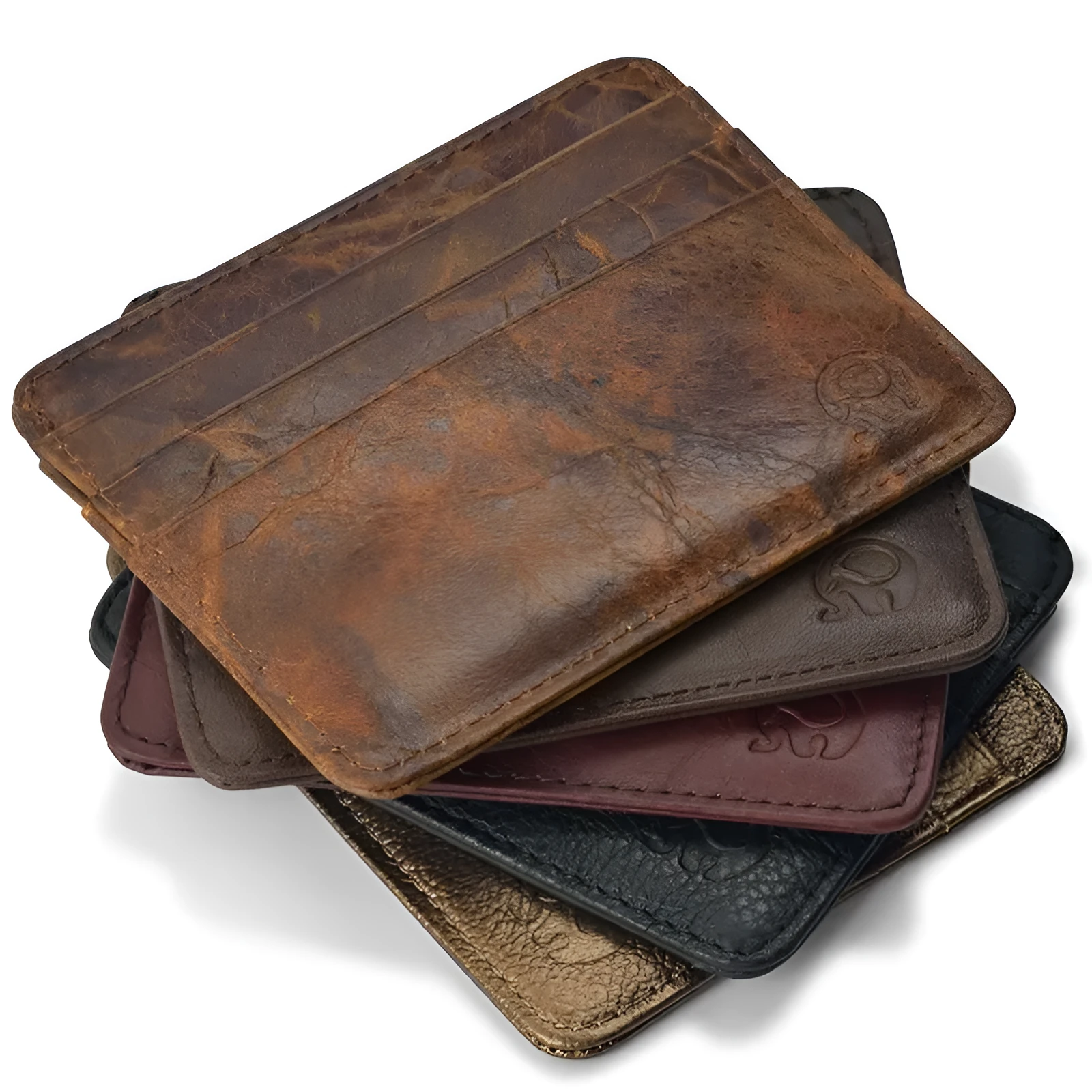Genuine leather magic wallet in brown, open to show 27 card slots, money clip, and ID window