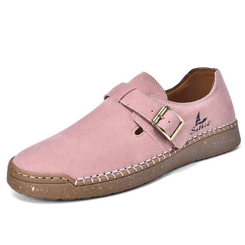 Women's low-top PU leather loafers with buckle fastening, flat heel, round toe, solid colour, sizes 36-45