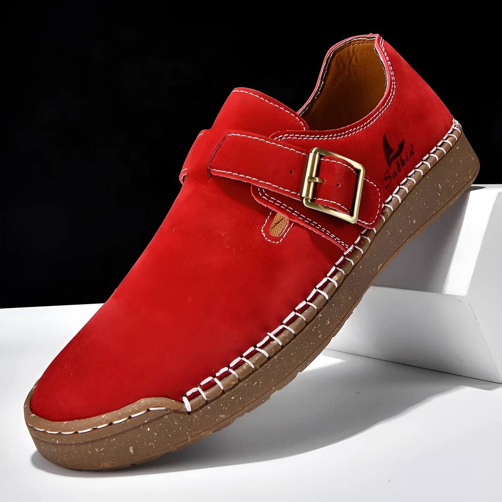 Women's low-top PU leather loafers with buckle fastening, flat heel, round toe, solid colour, sizes 36-45