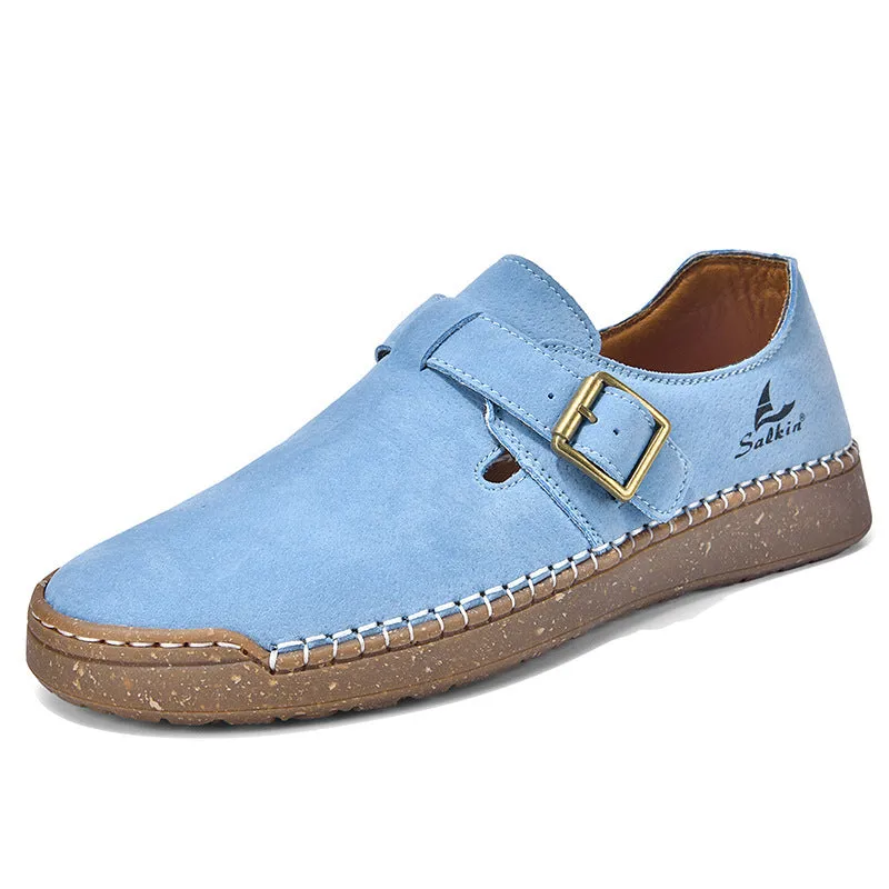 Women's low-top PU leather loafers with buckle fastening, flat heel, round toe, solid colour, sizes 36-45