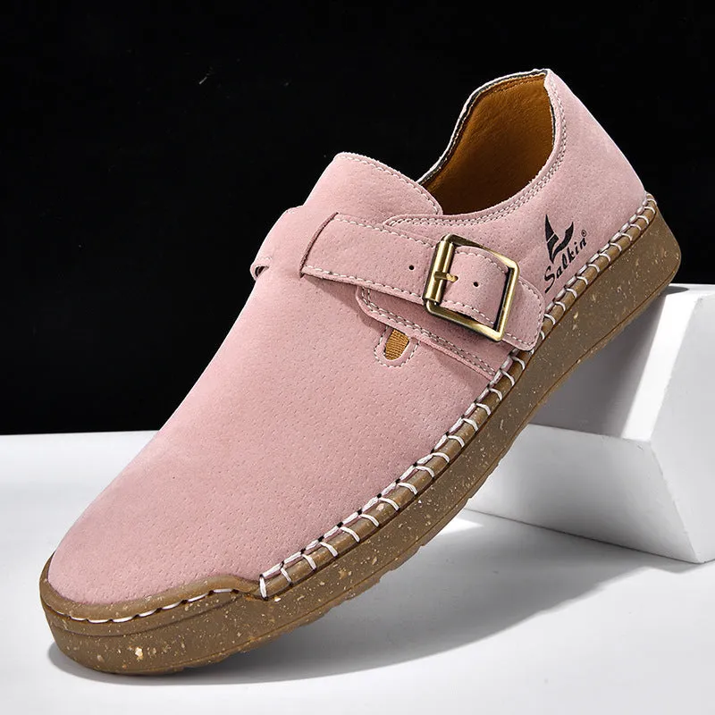 Women's low-top PU leather loafers with buckle fastening, flat heel, round toe, solid colour, sizes 36-45