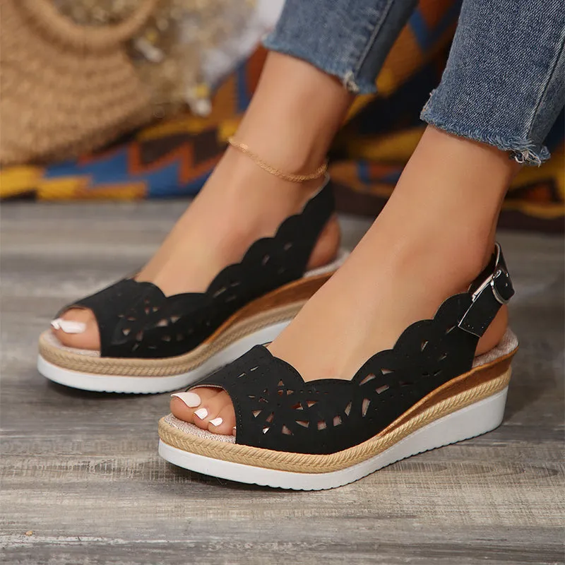 Women's fish-mouth wedge sandals in light brown with thick PU sole and buckle detail