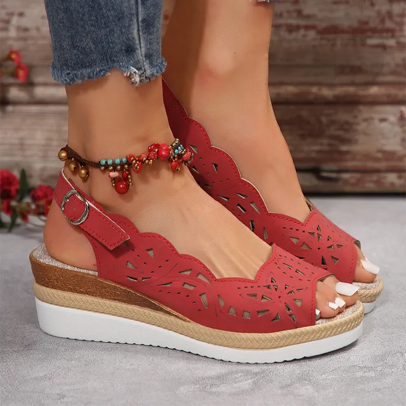Women's fish-mouth wedge sandals in light brown with thick PU sole and buckle detail