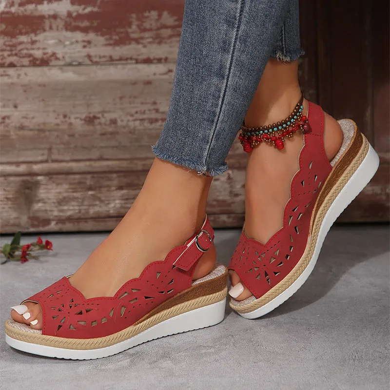 Women's fish-mouth wedge sandals in light brown with thick PU sole and buckle detail