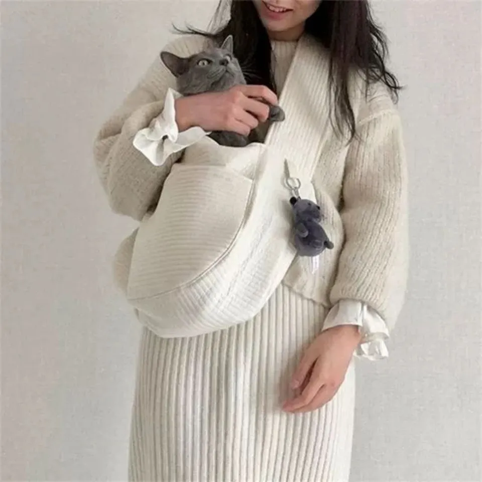 White handmade canvas pet carrier bag for dogs and cats in L size