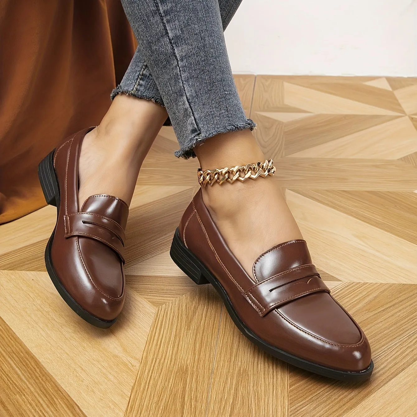 Women's polyurethane loafers shoes with round toe and 6-8CM block heel in black, brown, white, coffee colours