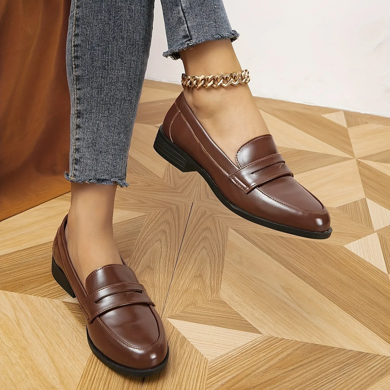 Women's polyurethane loafers shoes with round toe and 6-8CM block heel in black, brown, white, coffee colours