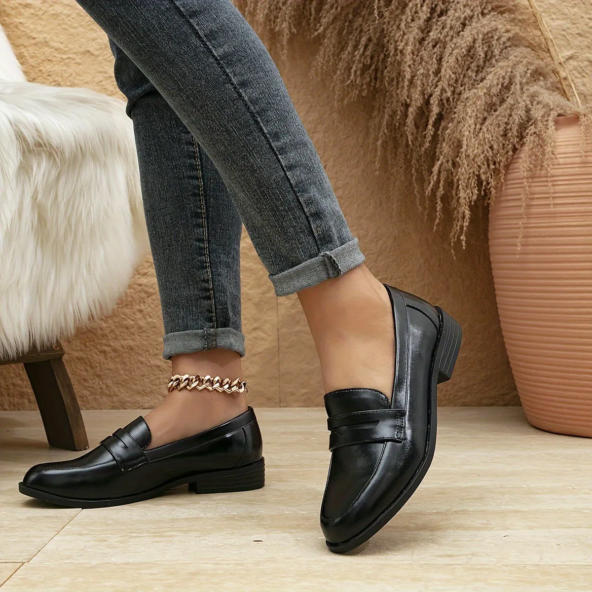 Women's polyurethane loafers shoes with round toe and 6-8CM block heel in black, brown, white, coffee colours