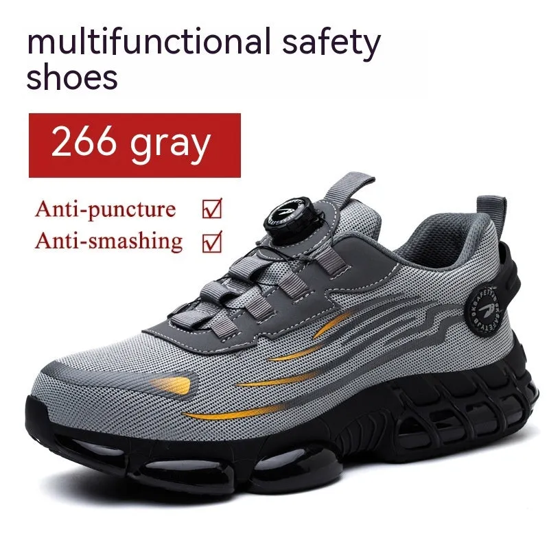 Men's lace-free steel toe protective work shoes in black with flat knitted upper and low top design