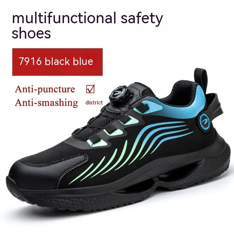 Men's lace-free steel toe protective work shoes in black with flat knitted upper and low top design