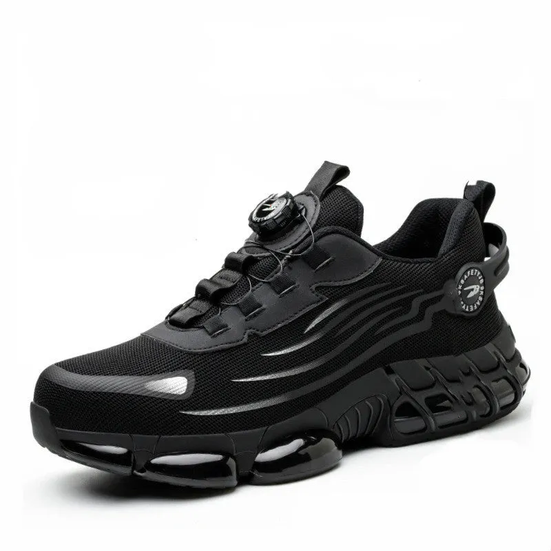Men's lace-free steel toe protective work shoes in black with flat knitted upper and low top design