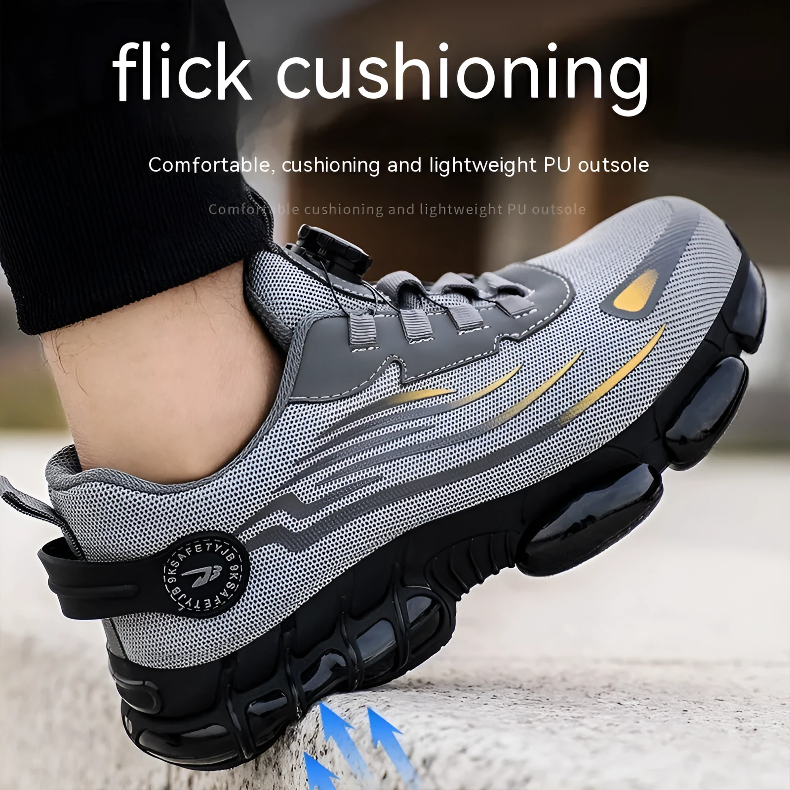 Men's lace-free steel toe protective work shoes in black with flat knitted upper and low top design