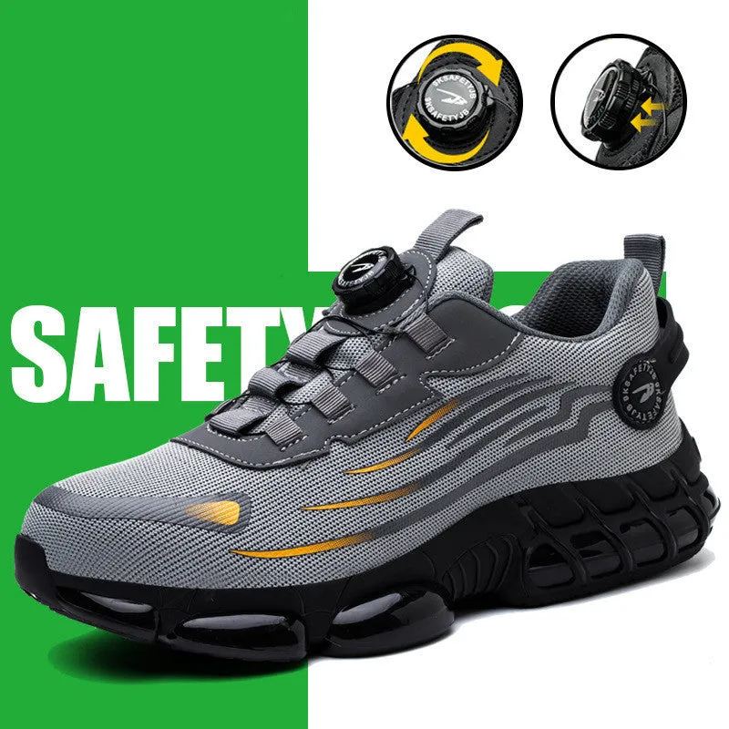 Men's lace-free steel toe protective work shoes in black with flat knitted upper and low top design